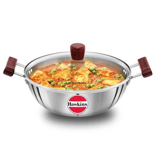 Hawkins 4 Litre Deep Kadhai, Triply Stainless Steel Kadai with Glass Lid.