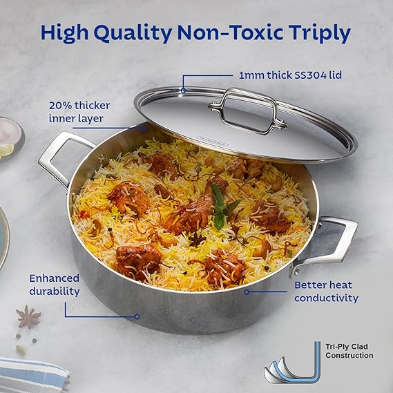 Tramontina AEION TriPly 30 cm / 6.2 L Stainless Steel Biryani Pot with Heavy Lid