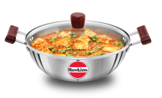Hawkins 4 Litre Deep Kadhai, Triply Stainless Steel Kadai with Glass Lid.